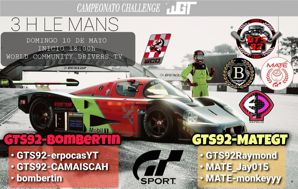 Mañana disfrutaremos las 3 H de le mans de <a href="/WorldDrivers/">TheDriversWorld</a> 
No la pudimos disputar el Domingo pasado por fallos tecnicos, pero las ganas siguen intactas!! Mañana con <a href="/bombertin_GT/">🇪🇦🄱🄾🄼🄱🄴🅁🅃🄸🄽 🄶🅃🇪🇦</a> y el gran equipo <a href="/mategtesports/">Exmategt</a> intentaremos dar lo máximo de nosotros!

Go GTS92!!