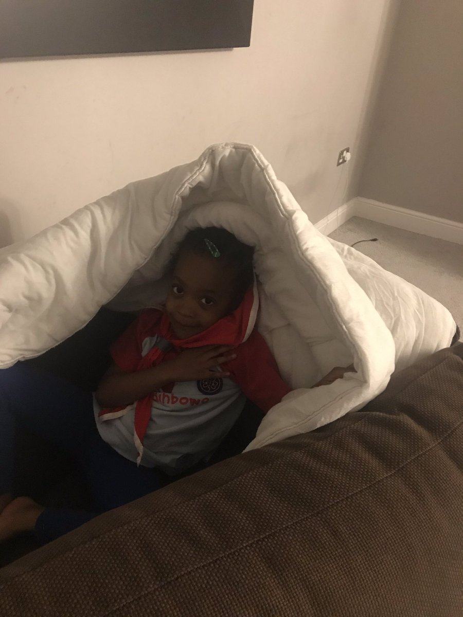 NotProcrasti's tweet photo. @girlguidingGLK #glksleepoverathome here’s Amarachi from 1st and 4th barnehurst rainbows in her den that she made all by herself for VE Day. She’s very excited to sleep somewhere other than her bed. https://t.co/m9VrZg9gRF