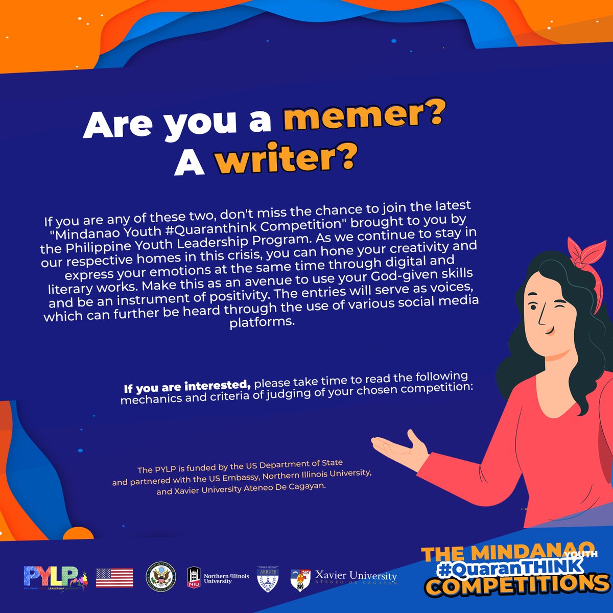 pylp1619's tweet photo. Essay Writers and Meme Creators, MAY 15 is the deadline. Join the PYLP QuaranTHINK! Check the PYLP website at https://t.co/CIRuqbxo8M for more information. #PYLP #QuaranTHINK #USPHYouthExchange https://t.co/1b5acA8xlD