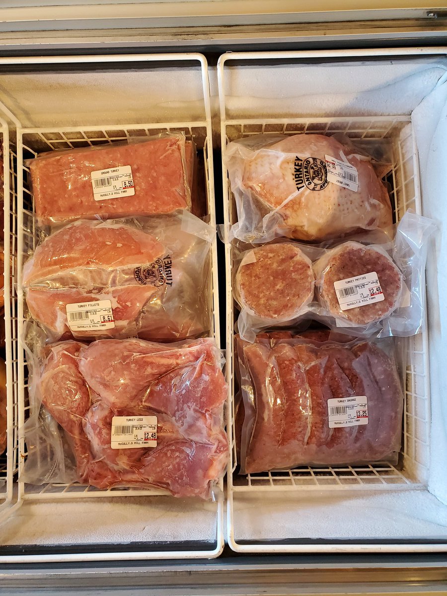 We have recently stocked up our freezers with turkey, lamb and pork.   We are open Fri 10-5, Sat 9-5, and Sun 10-5.  Curbside pick up and delivery available.  Call the store at 519-284-2564