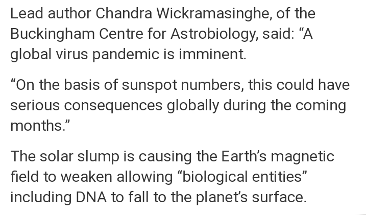 Astrobiologists worried about "biological entities" and DNA falling through the atmosphere..  https://www.express.co.uk/news/world/1232974/coronavirus-china-virus-pandemic-WHO