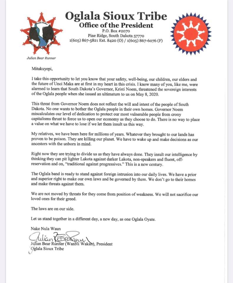 jfkeeler's tweet photo. The Oglala Sioux Tribe's response to Governor Kristi Noem's demand to tribes in South Dakota on Friday take down COVID-19 checkpoints in 48-hours.
 @OSTOfficial1 @OglalaOyate @govkristinoem https://t.co/hKP7E721Yx