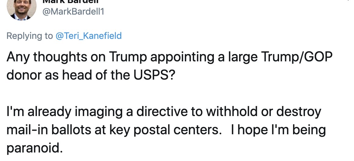 (Short thread)Here is something fascinating. Both of these popped up in my mentions at almost the same time. #1 Thinks Trump is the stupid person on the planet#2 Wonders if Trump and a loyal postmaster can sway the election for Trump(I've gotten variations of #2)1/