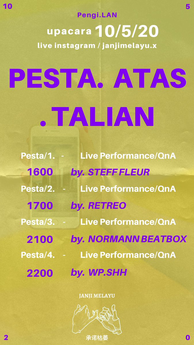Jenn_Thompson's tweet photo. #ONLINE INSTAGRAM LIVE : Pengi.LAN - PESTA ATAS TALIAN
Live performance/QnA ft.
4pm #SteffFleur
5pm @RetreoRomeo
9pm #NormannBeatbox
10pm @wpshhh
SUNDAY May10
HERE : https://t.co/kJJ9HetK1r https://t.co/Ln1SZTrlEr