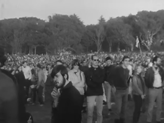 With Michael McClure's passing this week, I'm jumping this thread ahead, to filmed documentation of the Polo Fields' Jan. 14, 1967 Human Be-In event, where McClure performed using an autoharp Bob Dylan gave him. I think a KQED reporter shot this footage. 