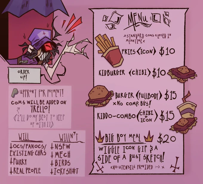 Tah-dah :o
I'm closing standard commissions for now in favor of this little menu! If you have any ?s, reply here, and if you're interested in commissioning, feel free to dm! 
✨Btw, forgot to add gore/horror to will section, lol
-
#grimcathart #digitalart #commissionsopen #art 