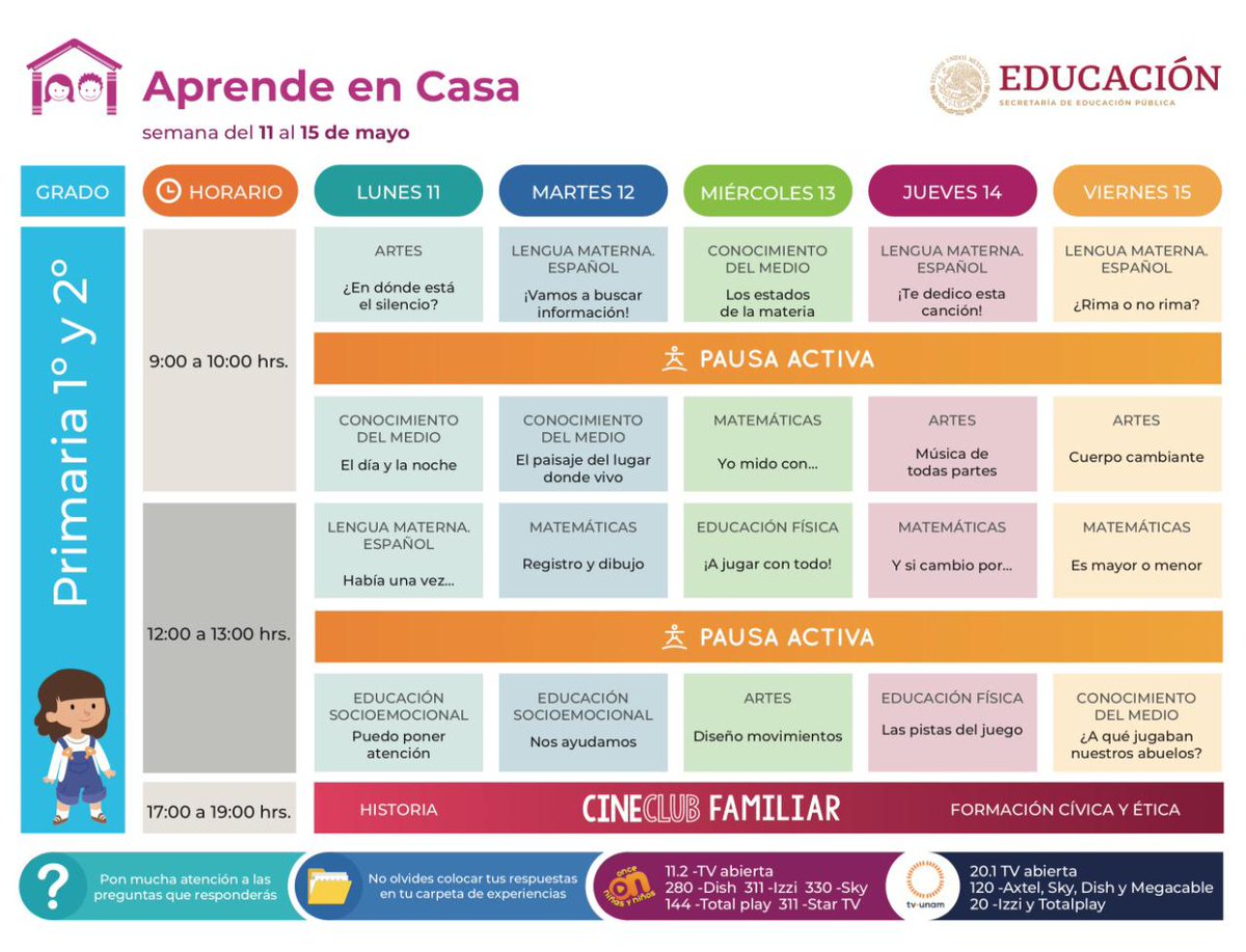 SEP_mx's tweet photo. Alista pluma y papel y toma nota de los horarios para #Preescolar y #Primaria de los programas de TV #AprendeEnCasa para la semana del 11 al 15 de mayo.

Consulta más detalles en nuestra página: 

https://t.co/D92N84R1j5

📖 🖍 📁 https://t.co/d4wWgBTG70