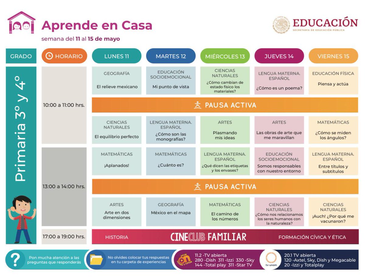 SEP_mx's tweet photo. Alista pluma y papel y toma nota de los horarios para #Preescolar y #Primaria de los programas de TV #AprendeEnCasa para la semana del 11 al 15 de mayo.

Consulta más detalles en nuestra página: 

https://t.co/D92N84R1j5

📖 🖍 📁 https://t.co/d4wWgBTG70