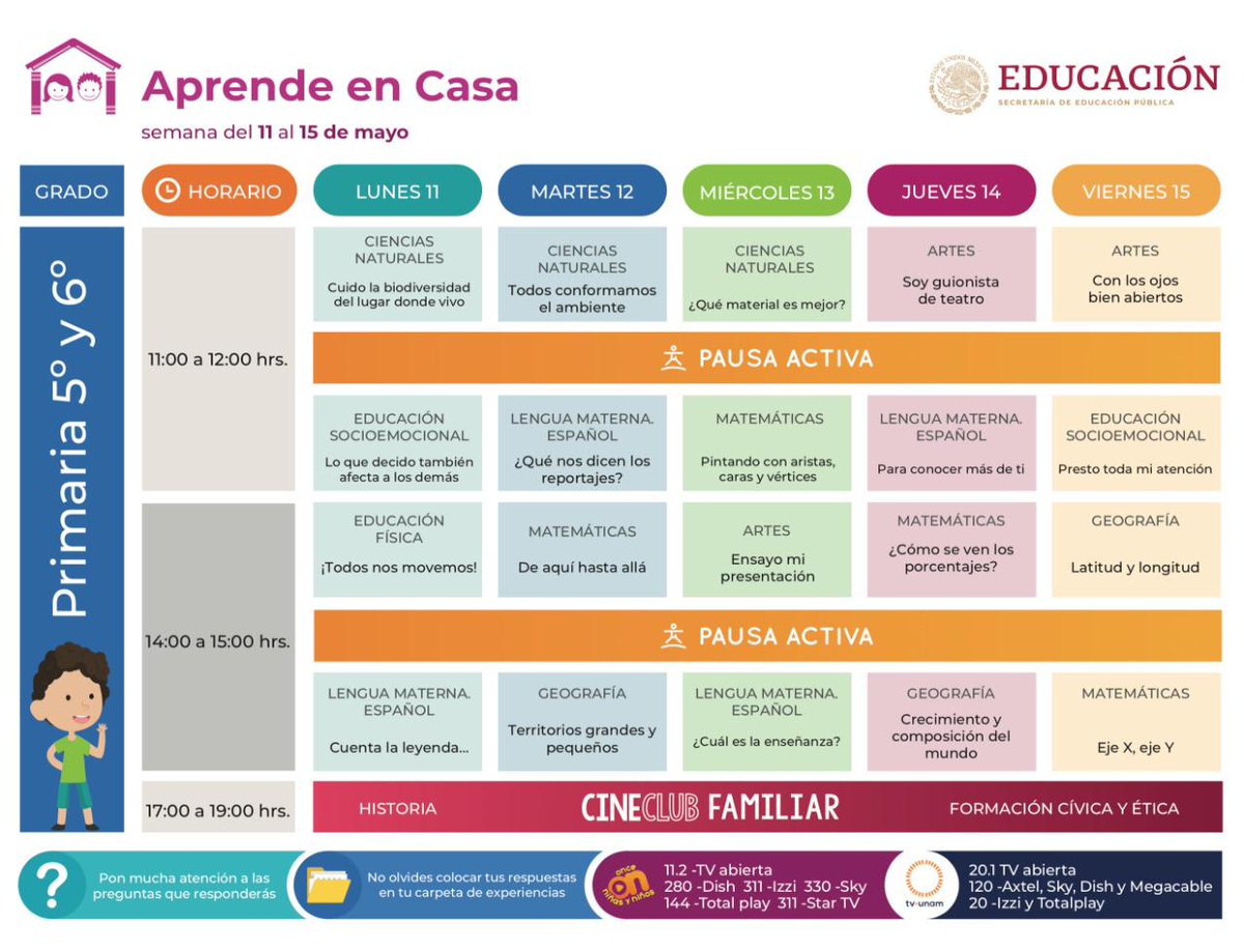 SEP_mx's tweet photo. Alista pluma y papel y toma nota de los horarios para #Preescolar y #Primaria de los programas de TV #AprendeEnCasa para la semana del 11 al 15 de mayo.

Consulta más detalles en nuestra página: 

https://t.co/D92N84R1j5

📖 🖍 📁 https://t.co/d4wWgBTG70