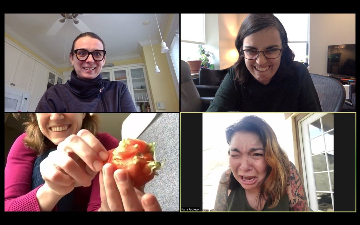 Same as before but Helene and Rosemary are smiling a bit, I’m smiling a bit, and Karla is looking on with open-mouthed horror. The tomato is now being split open.