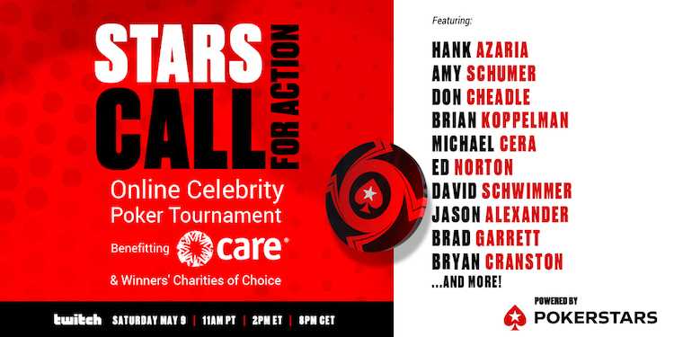 PokerStarsBlog's tweet photo. The Stars CALL For Action final tournament is underway -- 23 players left. Bryan Cranston early leader, Don Cheadle early short stack, but a long way to go. #StarsRaising https://t.co/XJiyKh7i41 https://t.co/40Rf8pC4nM