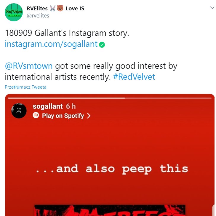 Gallant posted a screenshot of him listening to Red Velvet's About Love on his Instagram story.