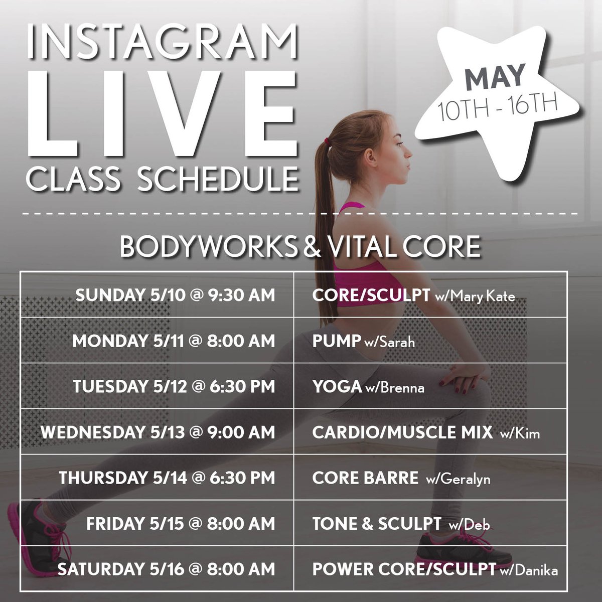 BodyworksWoburn's tweet photo. Join us on IG LIVE this week! Here is the schedule for 5/10 - 5/16.
.
Workouts are posted to Facebook after the live version on Instagram.
.
#bodyworks #bodyworkswoburn #instagramlive #onlineworkout https://t.co/8xqcR5rpGb
