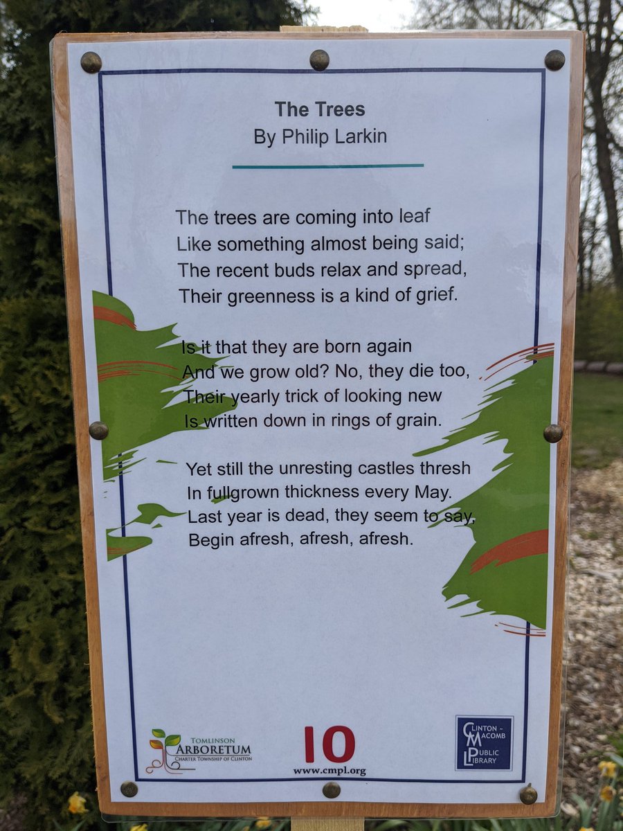 LewisTweets130's tweet photo. If you're looking for something to do when the weather improves, the Clinton-Macomb Public Library created a poetry walk in the Tomlinson Arboretum. Practice safe social-distancing, enjoy the fresh air, and read some great poetry! @CMPLTweets #CVSLearn https://t.co/TsurnvRRSP