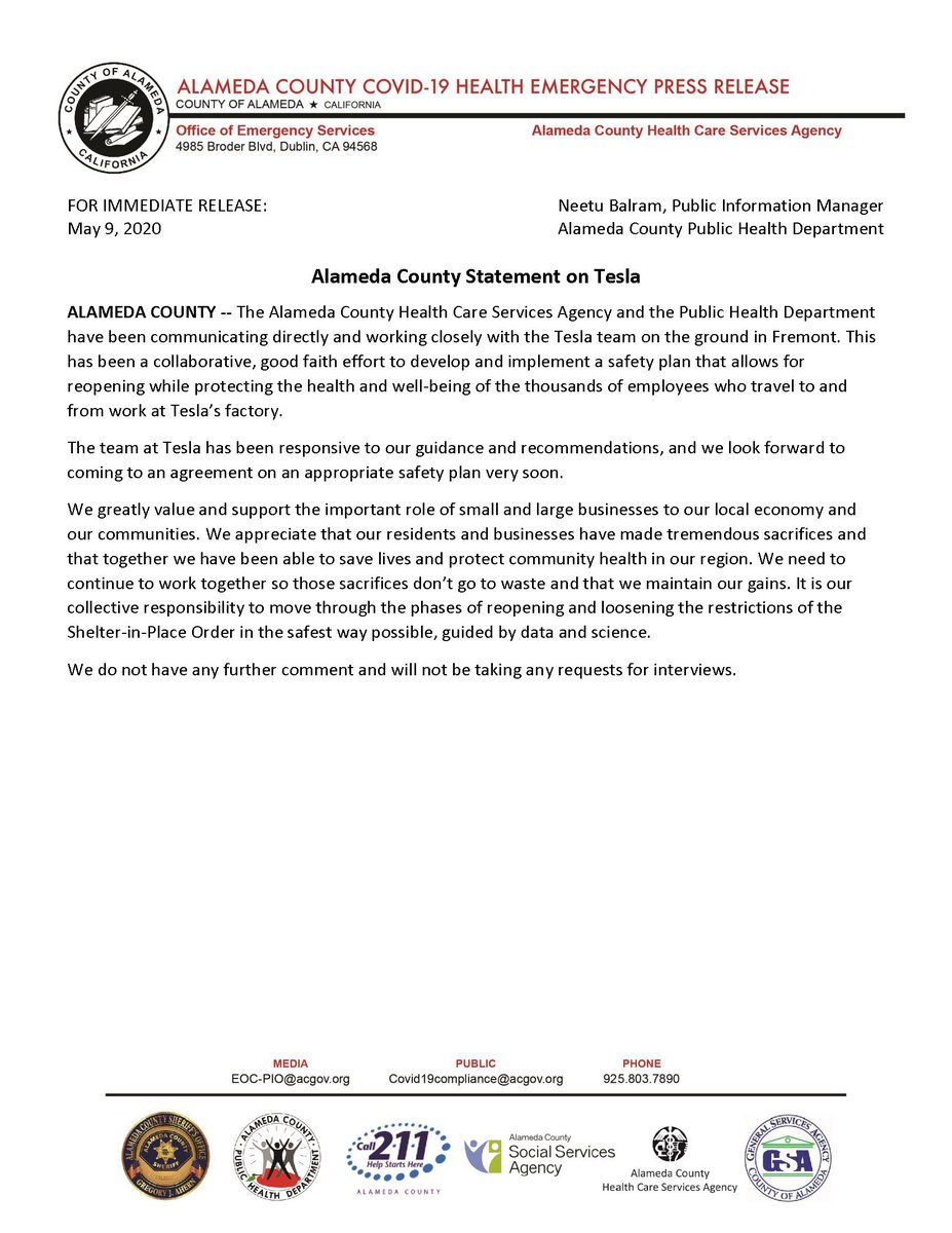 Alameda County Public Health Department On Twitter Alamedacounty Statement On Tesla The Alameda County Health Care Services Agency And The Public Health Department Have Been Communicating Directly And Working Closely With The