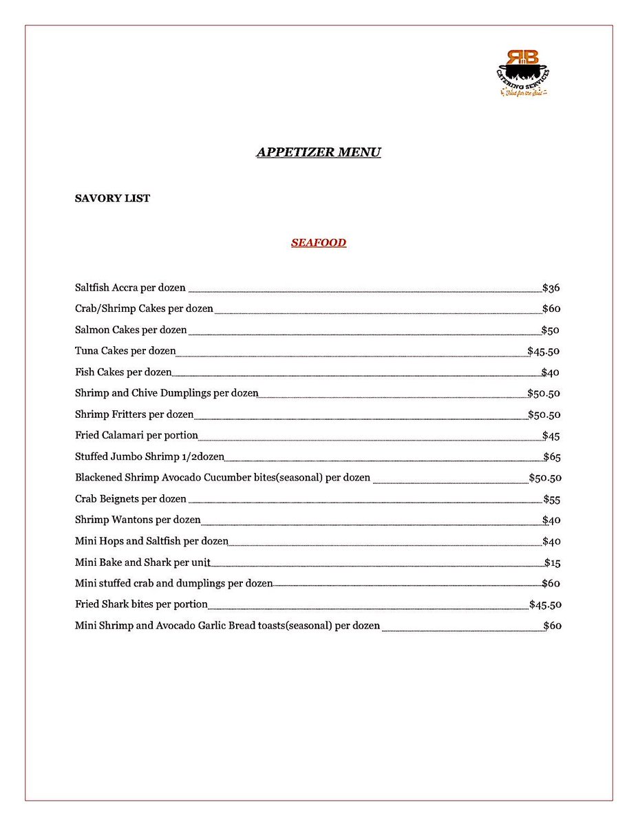 CateringRnb's tweet photo. Allow us to share our Appetizer Menu with you. You can place your order via email to rnbcateringtnt@gmail.com with the following information:
1. Date and time for your order
2. Location for items to be delivered
3. A contact number
#rnbctaring
#appetizers
#foodforthesoul https://t.co/NEsjuhp6ob