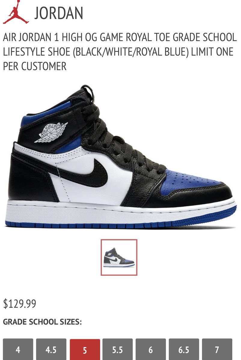 jordan retro 1 high og royal toe grade school