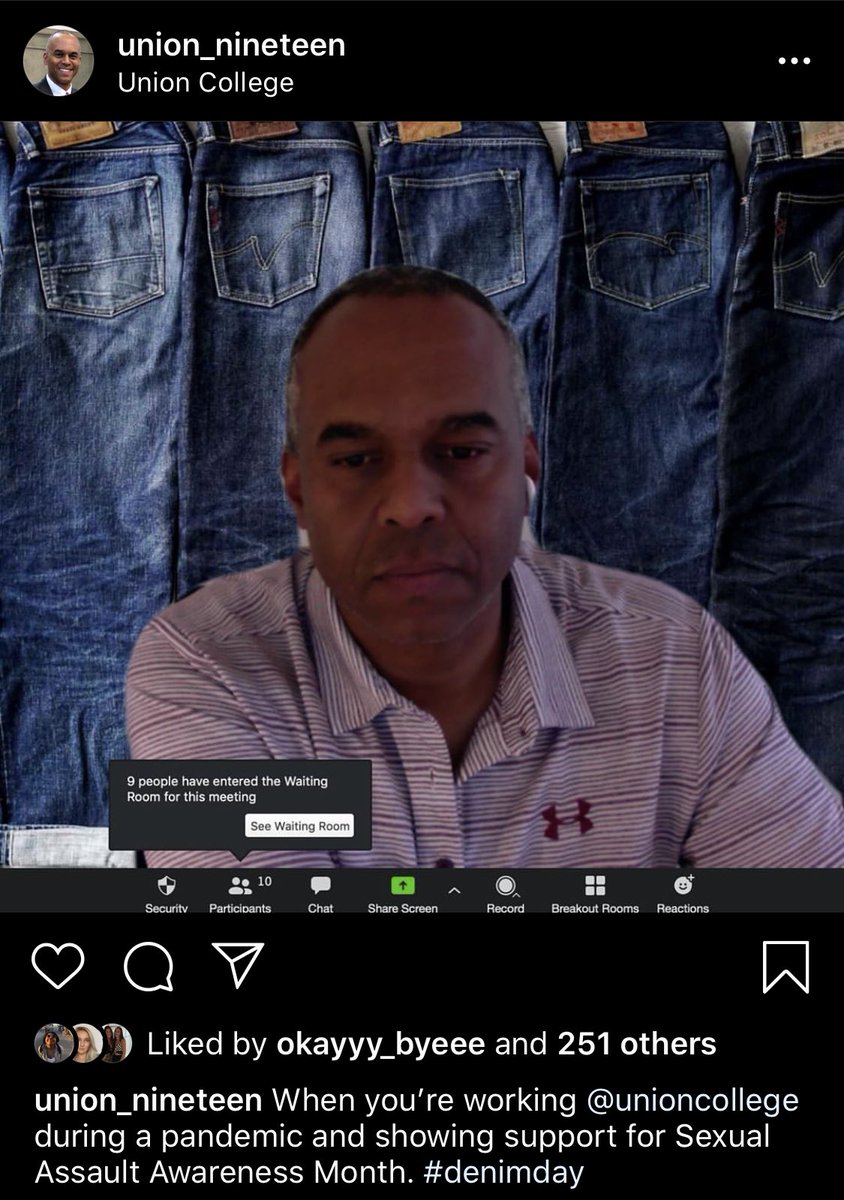 PoweringUnion's tweet image. Here we see that @union_nineteen and @UnionCollege thinks that by making your zoom background denim for sexual assault awareness month helps to fix the problem of sexual assaults on campus but still hasn’t hired a Title IX Director 🤔 #titleix #union #nyc #Disgusting #sad #edu