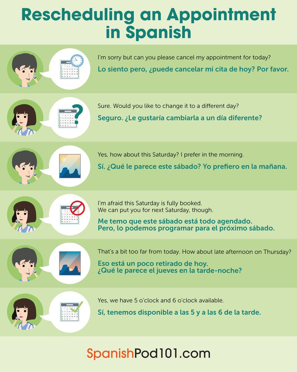 spanishpod101's tweet photo. Do you know how to Reschedule an 𝐀𝐏𝐏𝐎𝐈𝐍𝐓𝐌𝐄𝐍𝐓 in #Spanish? 📞 P.S. Would you like to learn more? Study now using the best online resources: https://t.co/Ffk8xjAXpa https://t.co/jeaRVl3r2e