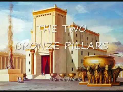 the king’s master builder Hiram, a Canaanite, skilled in geometry. Two bronze pillars, Boaz and Jachin, were erected at the door of the Temple, the double pillars sacred to the dying-god and the goddess.