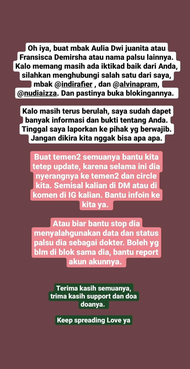 Sudah diancem bolak balik. Masalahnya banyak tapi nggak kapok kapok mbaknya. Malah skrg berulah lagi sama keluarga saya.