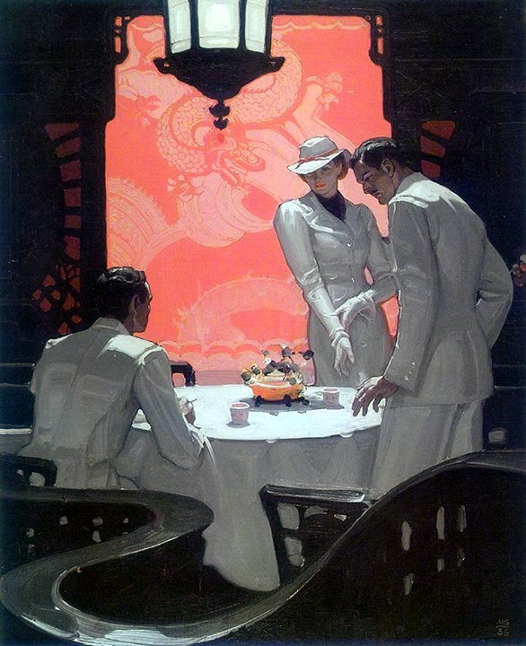 Mead Schaeffer 1898 - 1980

'Do not leave this table, Miss Hammond, 'said Lee quietly but firmly. And that goes for you too Dimitri.'
Story illustration: 'White Brigand', American Magazine 1937
#SaturdayNightArt #saturdaynight #SaturdayVibes
