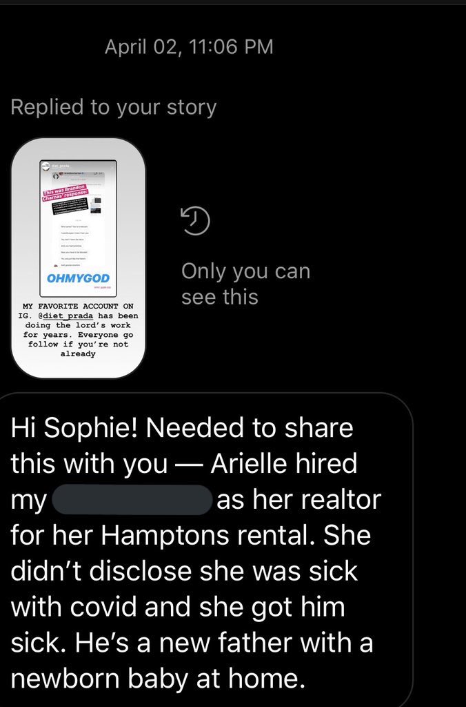 Things get darker here. Right when this story broke, someone who personally knows Arielle’s Hamptons broker reached out to me and told me this. I took it with a grain of salt and decided to keep it to myself at the time.