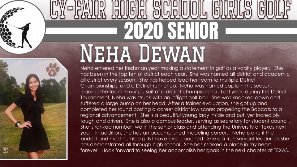 BFNDAthletics's tweet photo. Our next group of athletes we would like to recognize is the Class of 2020 Cy-Fair Bobcat Golfers. Girls and boys golf seniors include Neha Dewan, Cooper Duncan, Jacob Manalili and Cameron Marik! #BFND #CFHS2020 https://t.co/ZOYhWH2O3G