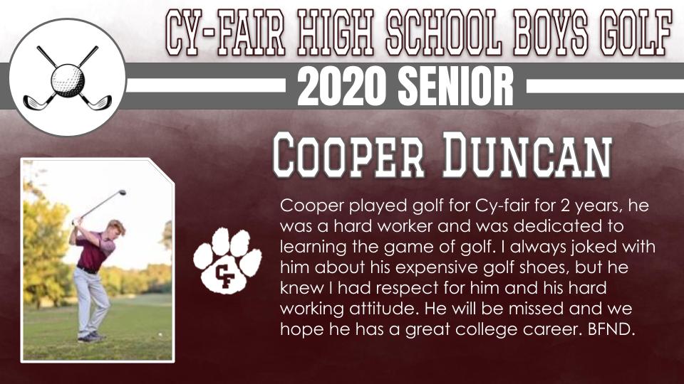 BFNDAthletics's tweet photo. Our next group of athletes we would like to recognize is the Class of 2020 Cy-Fair Bobcat Golfers. Girls and boys golf seniors include Neha Dewan, Cooper Duncan, Jacob Manalili and Cameron Marik! #BFND #CFHS2020 https://t.co/ZOYhWH2O3G