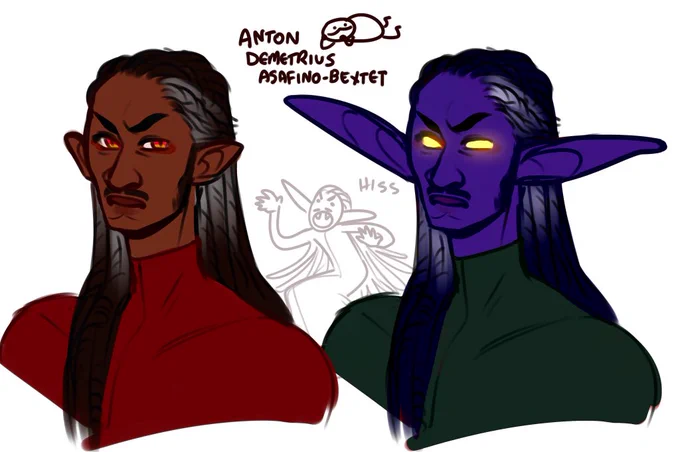 spent my cooldown sketch doodling my new vampire OC whom, upon resubbing to wow last night, i just yeeted into my newest night elf OC cause they're like one of the oldest bitches on azeroth
he just goes by bextet and yes he trims his eyebrows 