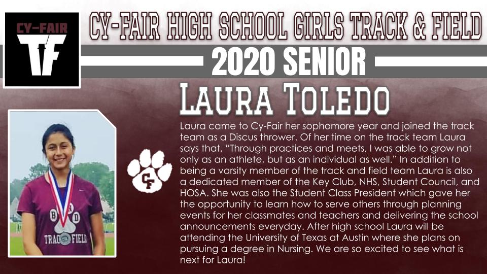 BFNDAthletics's tweet photo. Girls track is next as we continue to recognize the Class of 2020 Cy-Fair Bobcat athletes. Team members include Laura Toledo, Jolea Jacob, Oriana Gee and Lilan Henderson! #BFND #CFHS2020 https://t.co/sKo1eHqnic