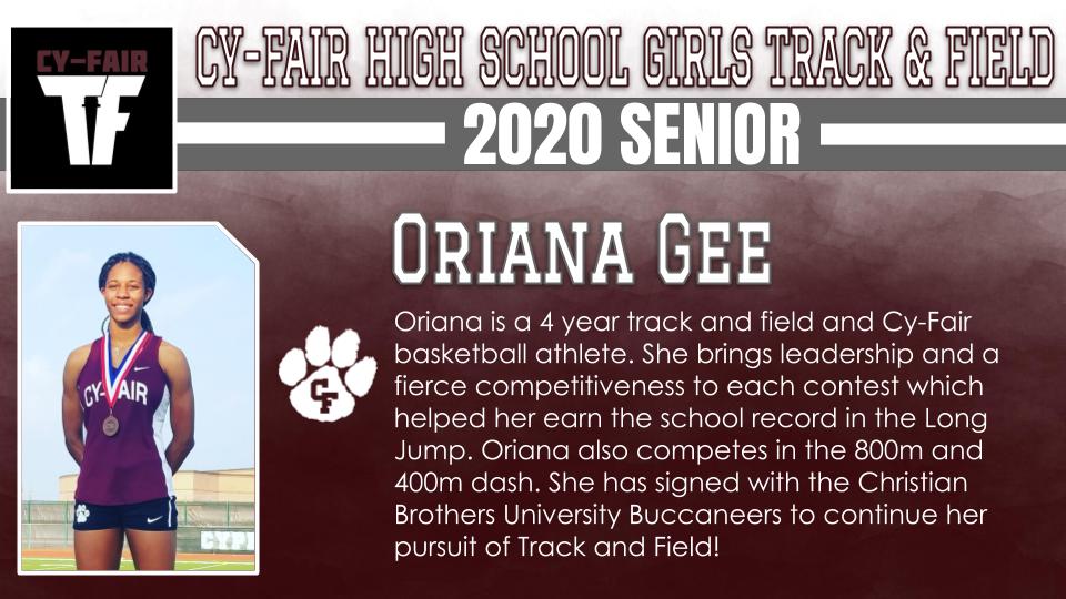 BFNDAthletics's tweet photo. Girls track is next as we continue to recognize the Class of 2020 Cy-Fair Bobcat athletes. Team members include Laura Toledo, Jolea Jacob, Oriana Gee and Lilan Henderson! #BFND #CFHS2020 https://t.co/sKo1eHqnic
