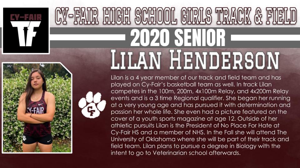 BFNDAthletics's tweet photo. Girls track is next as we continue to recognize the Class of 2020 Cy-Fair Bobcat athletes. Team members include Laura Toledo, Jolea Jacob, Oriana Gee and Lilan Henderson! #BFND #CFHS2020 https://t.co/sKo1eHqnic