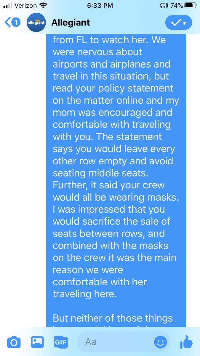 JoelAdams's tweet photo. @Allegiant didn’t seem to think anything was wrong at all. I was livid, but all I was asking for was for them to do what they said they’d do—my mom still has to fly home with them. Here’s the conversation: part 1 https://t.co/zZjWpW9Ain