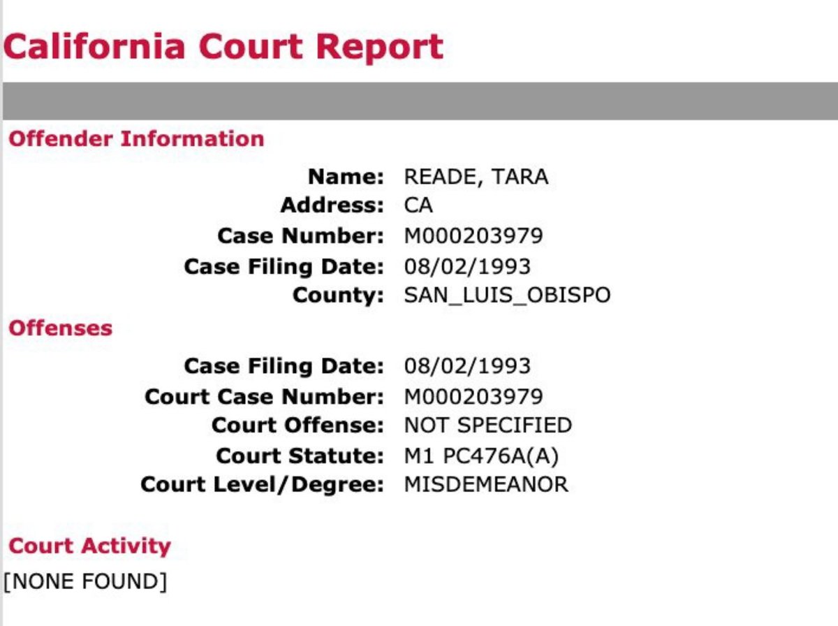 This is now confirmed to be authentic by Tara Reade's new lawyer Douglas Wigdor. Tara Reade was charged in San Luis Obispo under a statute that requires "willful intent to defraud" four days before she was officially terminated from Biden's office in August 1993