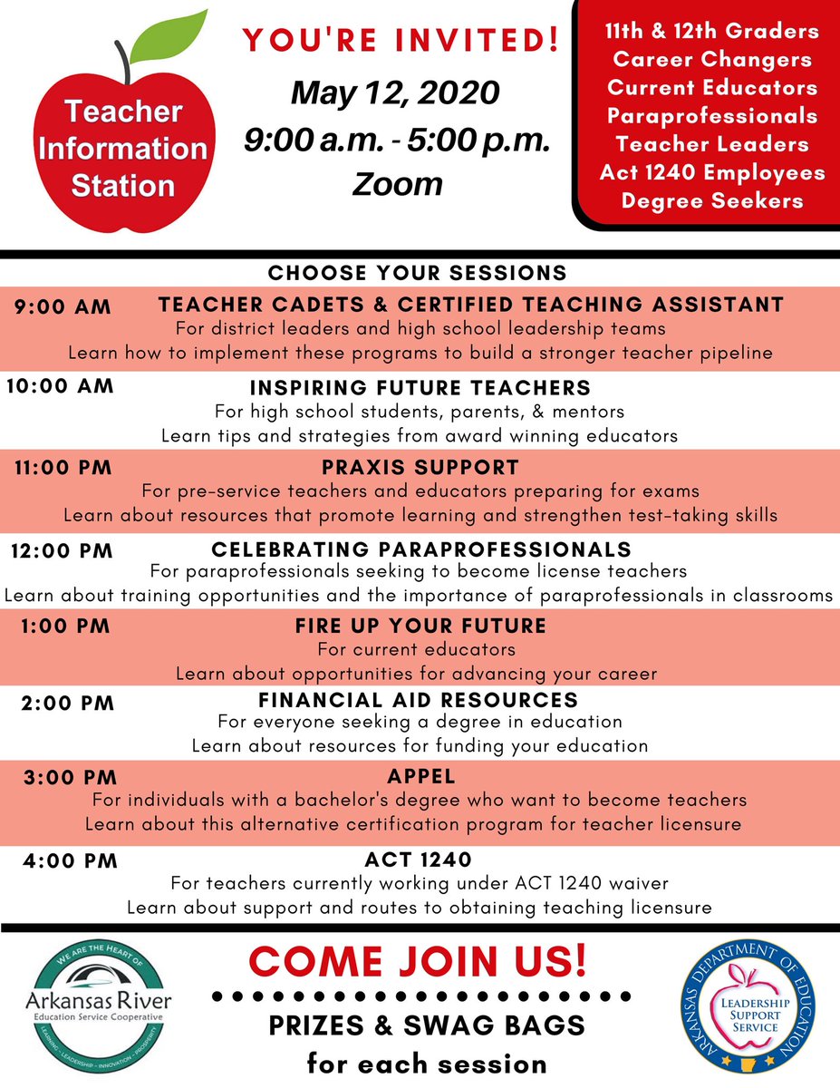 ARKRIVERESC's tweet image. Calling all current and future educators...you don’t want to miss this virtual event!  Pick the session(s) for you!  One hour sessions - special presenters - prizes! Link to register is forms.clickablecard.top/fZ3U4r