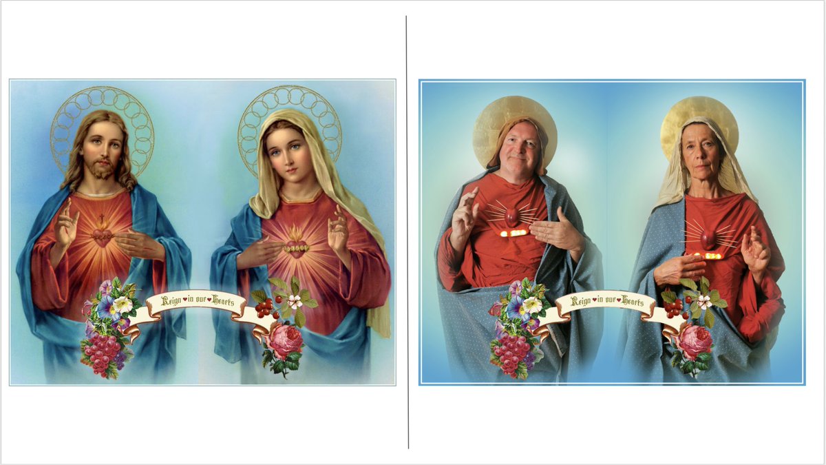 Day 50 Sacred Heart of Jesus and the Immaculate Heart of Mary, artist and year unknown.Sacred Heart of Brian and the Immaculate Heart of Liz, by Molly O'Cathain, 2020. #parentalpandemicportraits