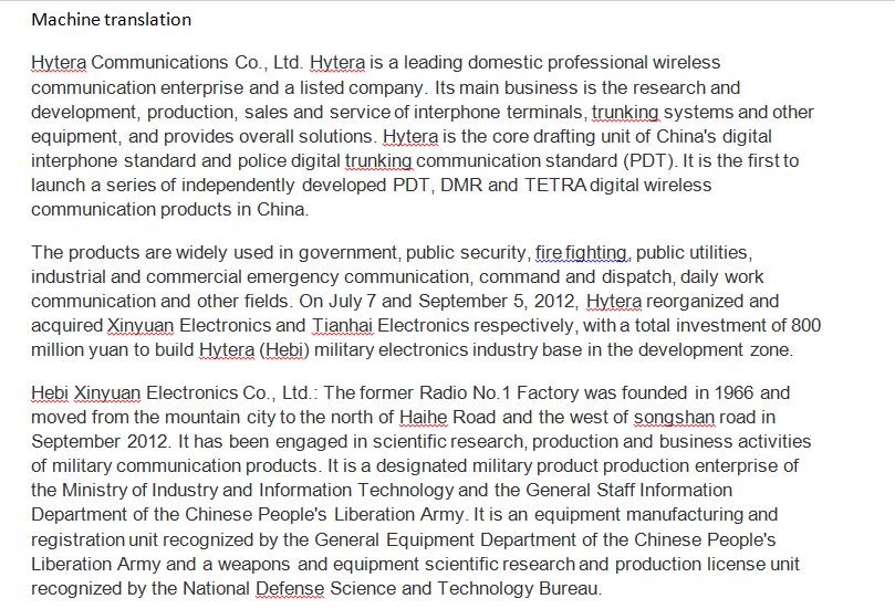 Canada: This description of the Hebi Industrial Zone in Henan shows clearly that Hytera took over PLA companies to establish the Hytera (Hebi) Military Electronic Industry Base. It is without a doubt tied to the PLA and China's public security agencies http://archive.is/Ut0U6 