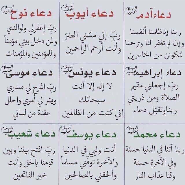 <a href="/xmolhm/">molhm Abod</a> <a href="/ArbMa8/">معلومة غريبة</a> وادعية الانبياء🌱
-المرض والتعب/ايوب(اني مسني الضروانت ارحم الراحمين)
-شدة الهم/يونس(لااله الاانت سبحانك اني كنت من الظالمين)
-الحاجةوالرزق/موسى(رب اني لماانزلت الي من خير فقير)
-الظلم/نوح(رب اني مغلوب فانتصر)
-الوحدةوالوحشه/زكريا(رب لاتذرني فردا وانت خير الوارثين)
باقي الادعية⬇️