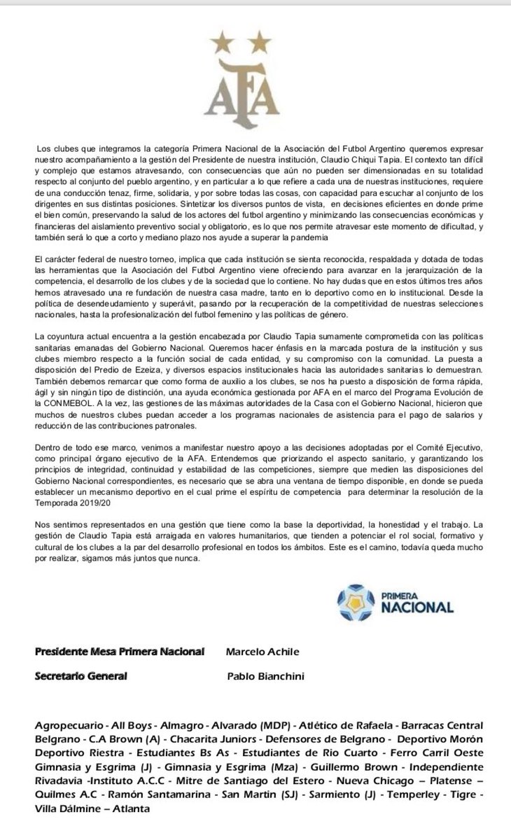 Con este comunicado oficial, la B Nacional apoya las resoluciones adoptadas por la AFA. 31 clubes están de acuerdo con dar por finalizada la temporada, que no haya descensos y que los ascensos se resuelvan en la cancha. El único club que no dio su conformidad es San Martín (T).