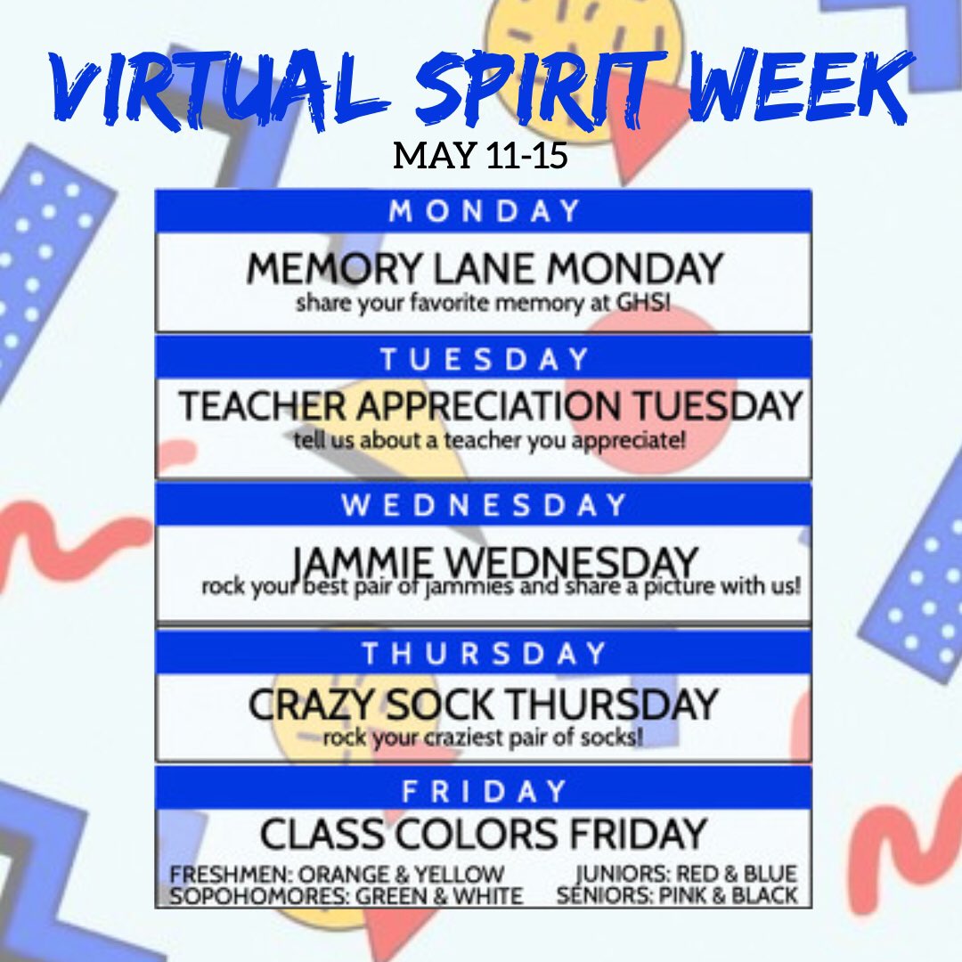 goddardstuco's tweet photo. ✰ VIRTUAL SPIRIT WEEK ✰
post your spirit week pictures on instagram or twitter! don’t forget to use the #GHSSPIRITWEEK &amp; tag us! https://t.co/sW7GaVmoFd