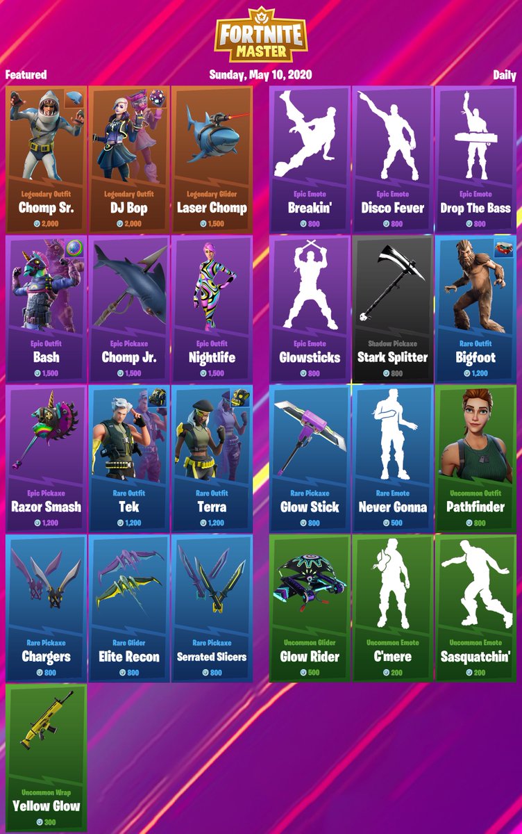 #Fortnite Item Shop for Sunday, May 10, 2020

Support-a-Creator Code: FNMasterCom