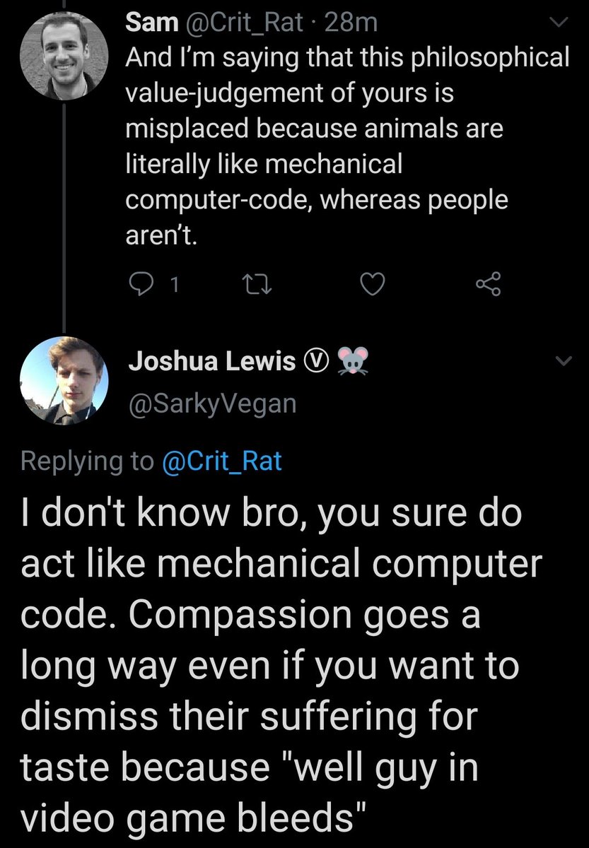  @EcoGof  @Wizard @/EveryVegan please, I need you to see this. EX-VEGAN says animals are LITERALLY LIKE MECHANICAL CODES