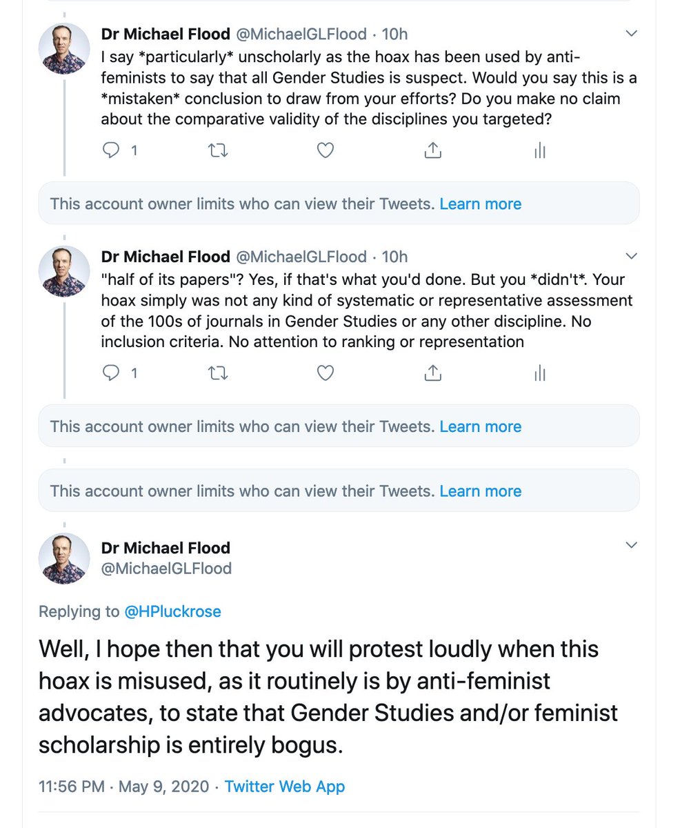 Helen Pluckrose, co-author of the hoax, herself acknowledged to me in correspondece yesterday that the hoax *could* not be used to make claims about Gender Studies overall. Strangely, she's now blocked me so I can't see that acknowledgement, but here's my side of this.