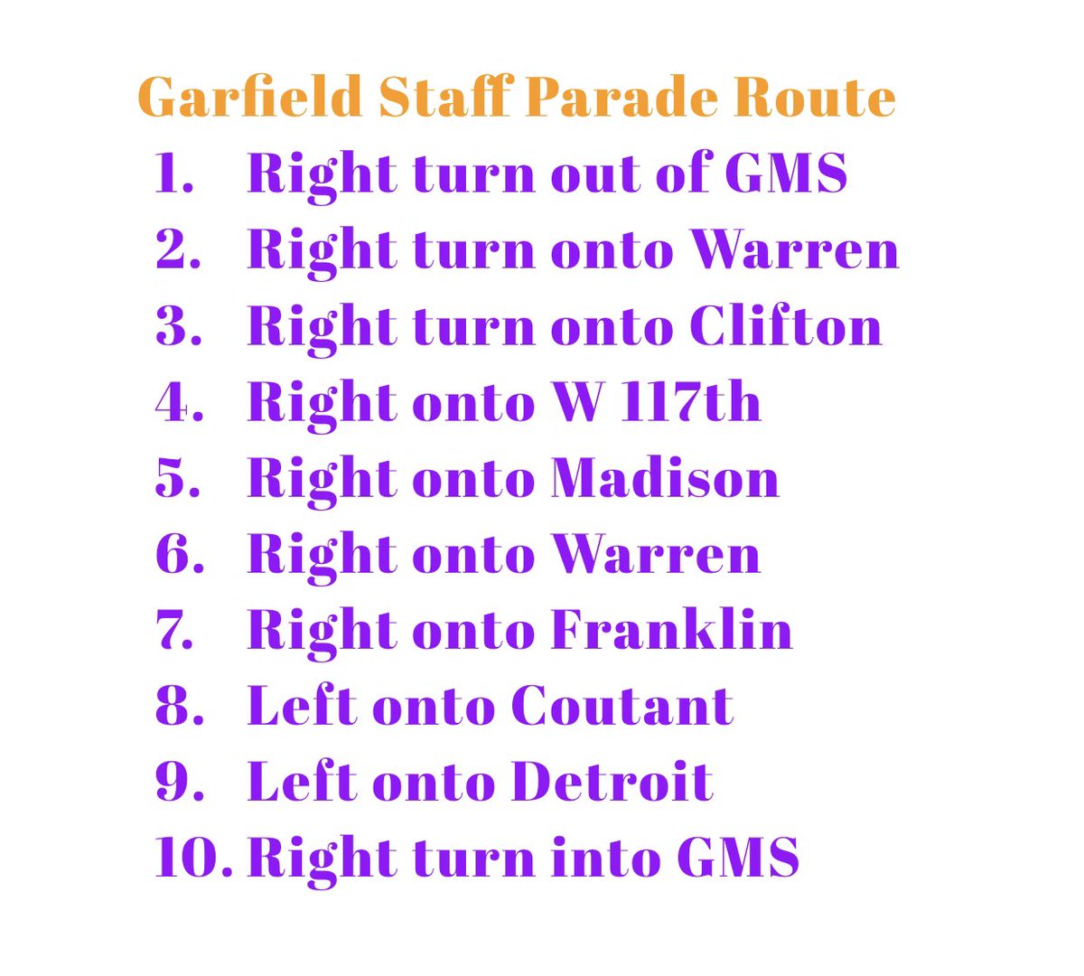 LkwdGarfield's tweet photo. Hey Garfield! Here is Tuesday’s Staff Parade Route! We cannot wait to see you then! https://t.co/APj0YOBWSl
