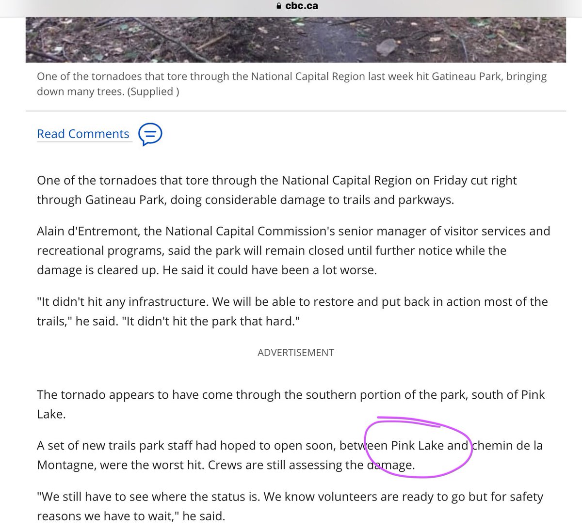 An anomaly happened, 6 tornadoes attacked on September 21, 2018=9-(2+1=3) (2+1+8=11)=93/11  #Cult93. See the satanic numbers?  at all the satanic # in the times, wind speeds, tracks. Stay with me here....the biggest ripped up the river & into Gatineau Park near Pink Lake.