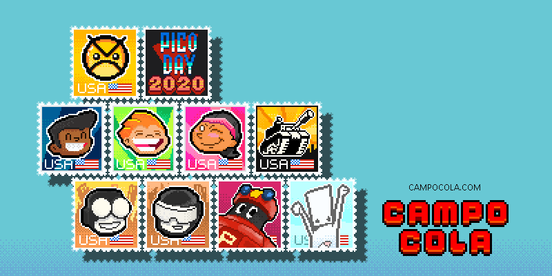 CampoCola's tweet photo. Wishing everyone a Happy Pico Day!! Here's my series of stamps honoring #picoday2020 @Newgrounds 
#PicOfTheDay #aseprite #pixelart #stamps #internethistory #MEMES #robots #tankmen https://t.co/xHeSqzvP8H
