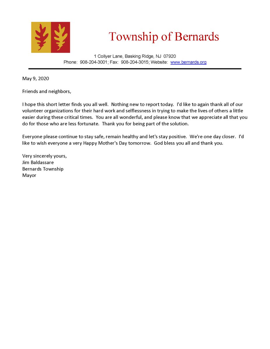 MAYOR JAMES BALDASSARE'S LETTER TO THE RESIDENTS - MAY 9, 2020