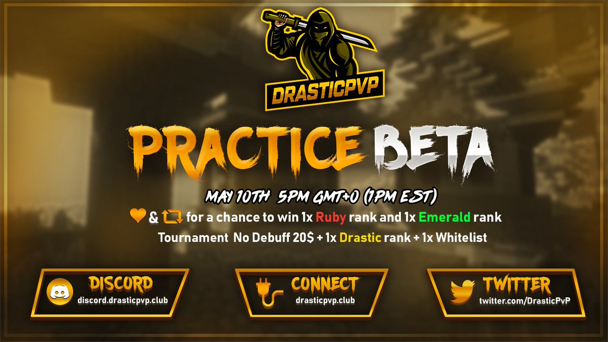 DrasticPvP's tweet image. 📌 BETA INFORMATION 

⚔️ Tournament No Debuff 20$ + Drastic rank
  
❤️+ 🔁 for a chance to win 1x Ruby rank and 1x Emerald 
 rank

🚨 Server Information : 
🏹Server IP : eu.drasticpvp.club - us.drasticpvp.club
🔍Discord: discord.gg/efQCRj
