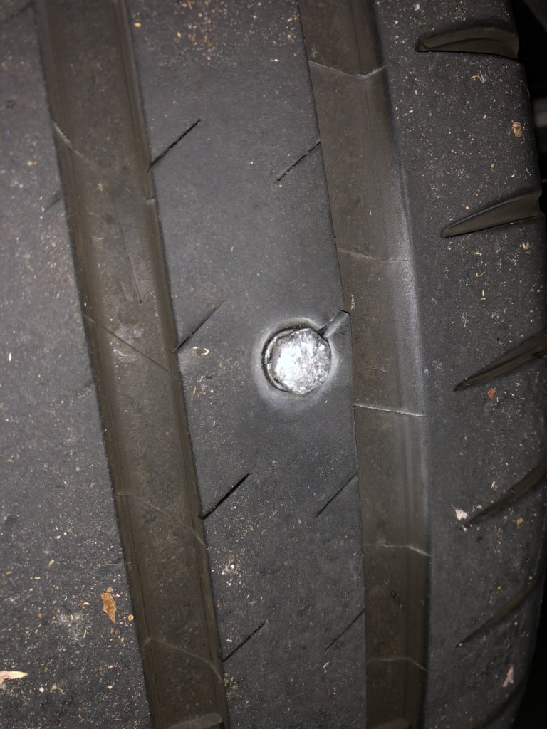 DMC_Ryan's tweet photo. When you take your car out ONCE A WEEK to go to your favorite isolated dog walking spot and San Francisco roads kick you in the dick anyway.

That giant bolt ain’t gonna be patchable. Good thing I bought the road hazard warranty from @AmericasTire! https://t.co/ht6DsDW46u